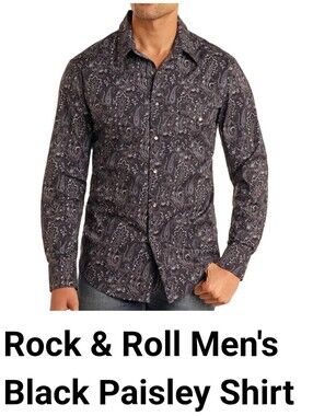 Rock & Roll Cowboy Black & White Paisley Black Snap Closure Shirt XXL